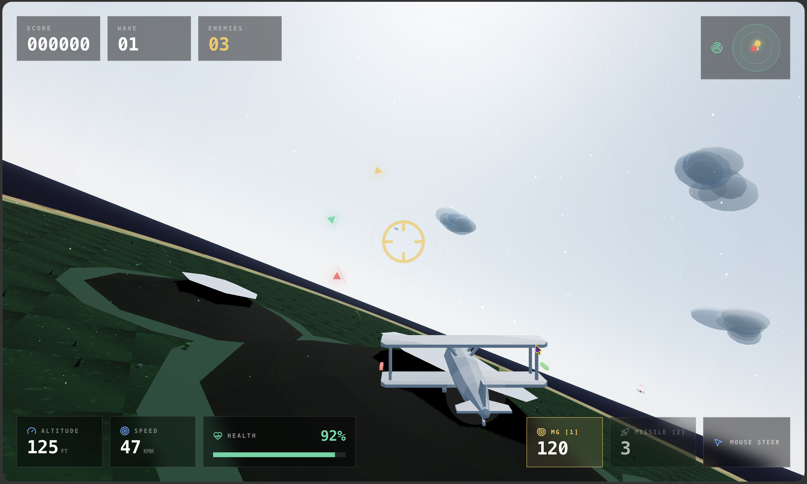 Skybound PvE gameplay showing a biplane flying over an island