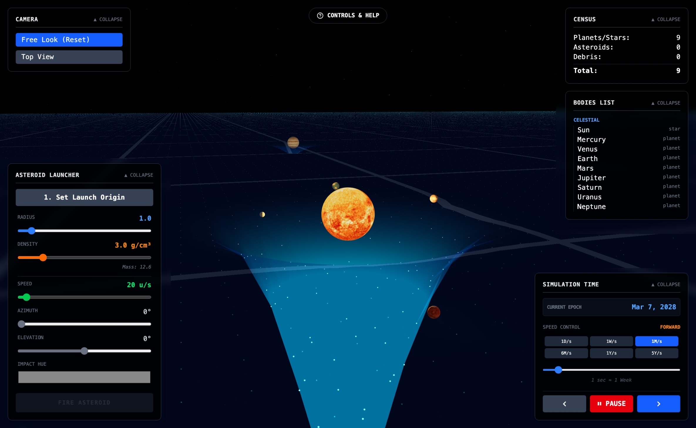 Solar simulator with camera, time, and asteroid launch controls